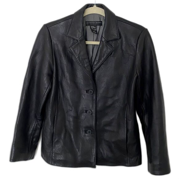 VTG Y2K Geoffrey Beene Sport Women’s Black Leather Button Up Pockets Jacket Sz S - Picture 1 of 6